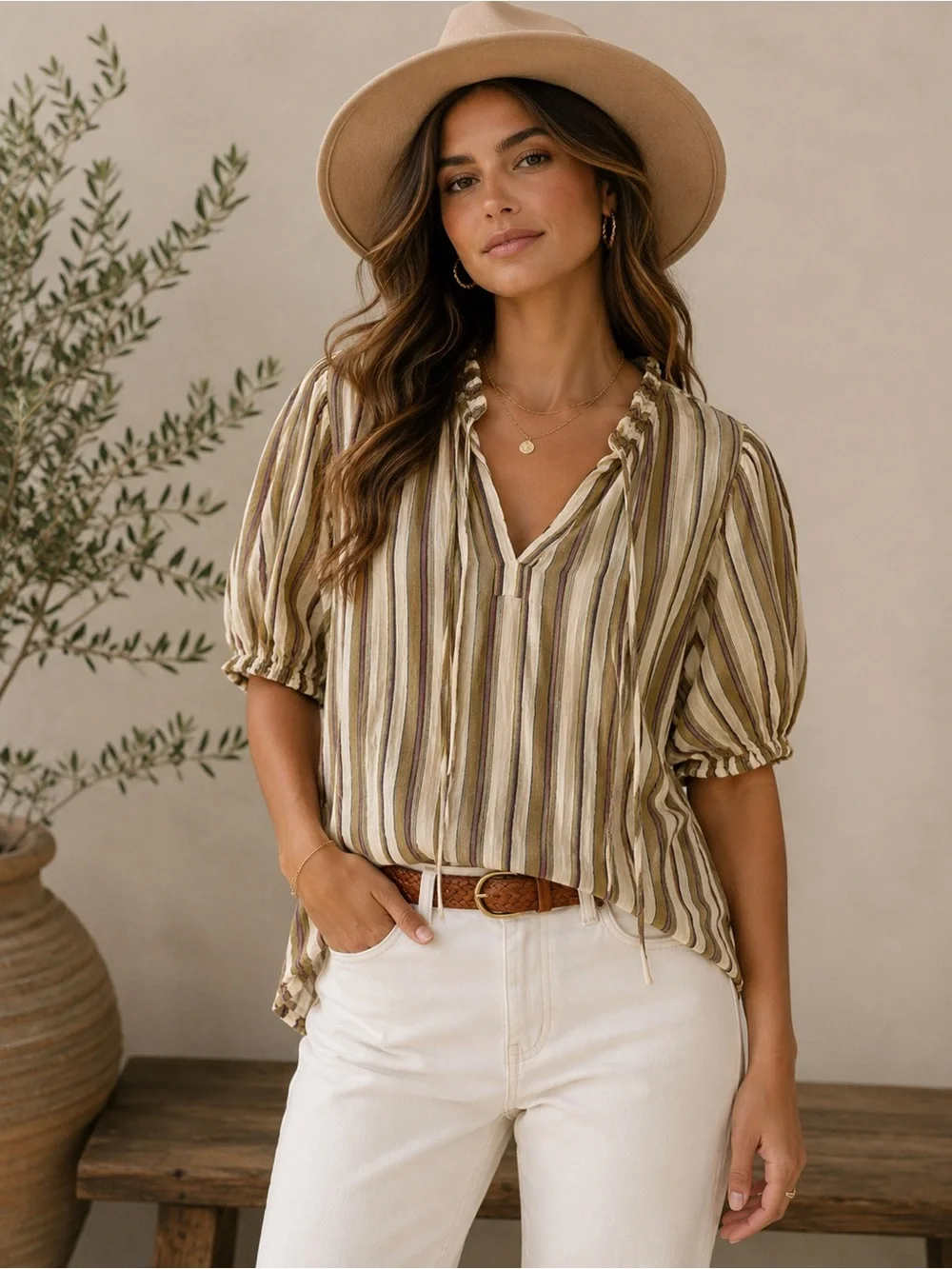Ulla‎ Johnson Oona Green Cream Striped Peasant Boho Puff Sleeve Top